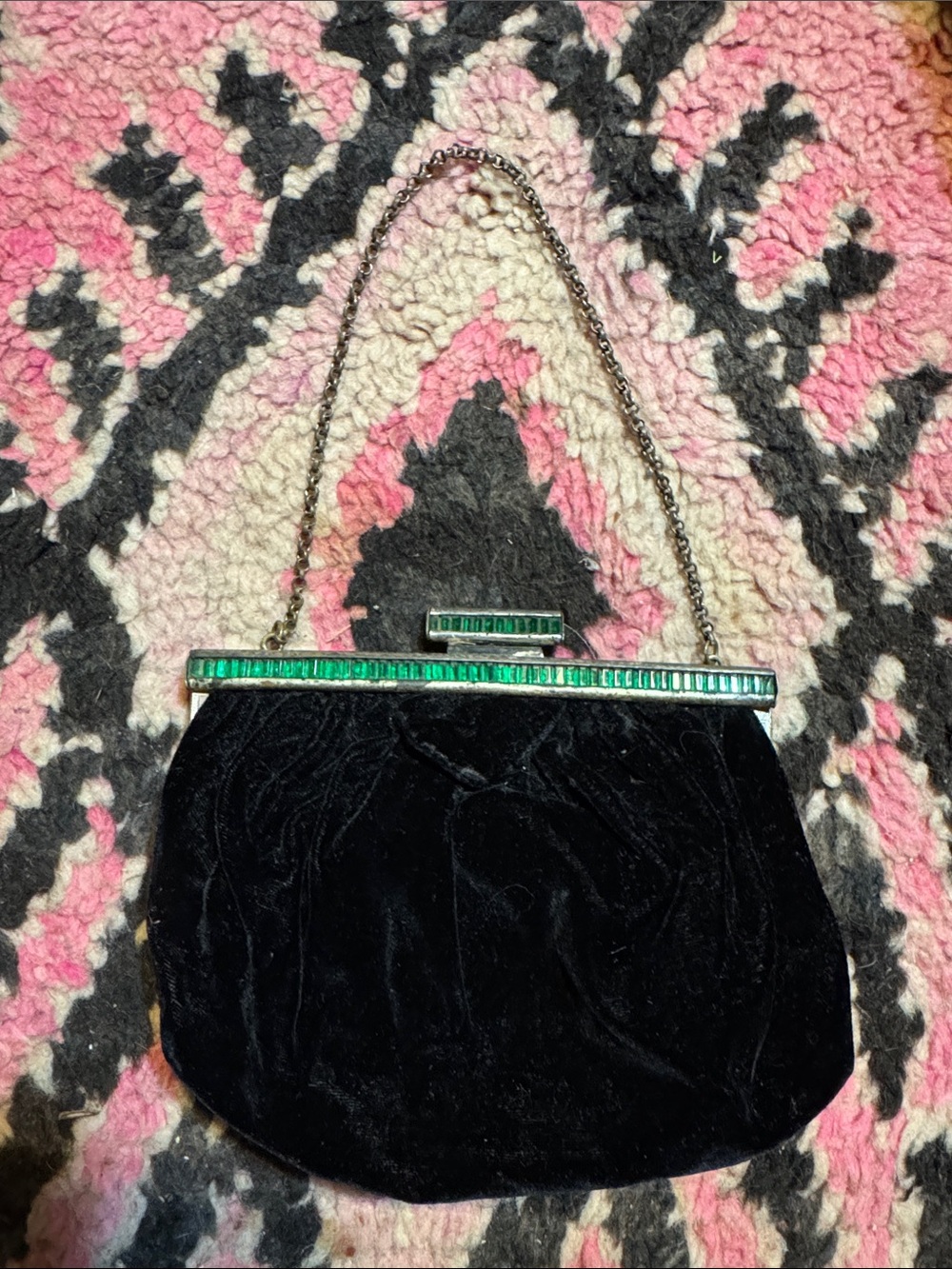 Vintage Black Velvet Evening Bag with Green Gem Frame